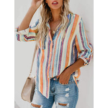 Load image into Gallery viewer, Women's V-Neck Striped Roll-Up Cuff Shirt