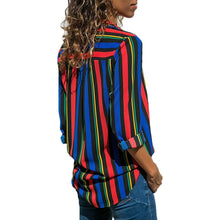 Load image into Gallery viewer, Womens V Neck Striped Roll up Sleeve Button Down Blouses Top