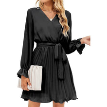 Load image into Gallery viewer, Womens Wrap V Neck Pleated Long Sleeve Mini Dresses