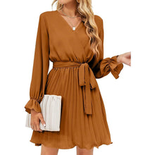 Load image into Gallery viewer, Womens Wrap V Neck Pleated Long Sleeve Mini Dresses