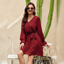 Load image into Gallery viewer, Womens Wrap V Neck Pleated Long Sleeve Mini Dresses