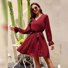 Load image into Gallery viewer, Womens Wrap V Neck Pleated Long Sleeve Mini Dresses