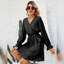 Load image into Gallery viewer, Womens Wrap V Neck Pleated Long Sleeve Mini Dresses