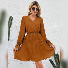 Load image into Gallery viewer, Womens Wrap V Neck Pleated Long Sleeve Mini Dresses