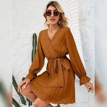 Load image into Gallery viewer, Womens Wrap V Neck Pleated Long Sleeve Mini Dresses