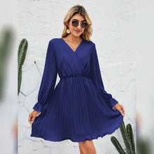 Load image into Gallery viewer, Womens Wrap V Neck Pleated Long Sleeve Mini Dresses