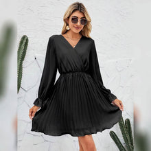 Load image into Gallery viewer, Womens Wrap V Neck Pleated Long Sleeve Mini Dresses