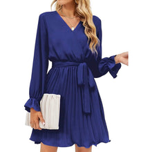Load image into Gallery viewer, Womens Wrap V Neck Pleated Long Sleeve Mini Dresses