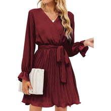 Load image into Gallery viewer, Womens Wrap V Neck Pleated Long Sleeve Mini Dresses