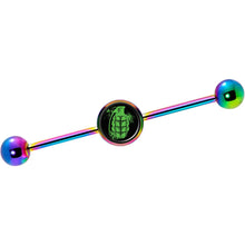 Load image into Gallery viewer, 14G Green Grenade Rainbow Industrial Barbell 37mm