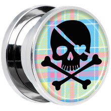 Load image into Gallery viewer, Pink Green Plaid Heart Skull Steel Screw Fit Plug Set 5/8