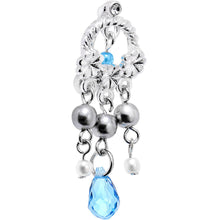 Load image into Gallery viewer, Aqua Blue Gem Embellished Flower Crown Top Mount Dangle Belly Ring