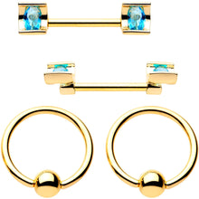 Load image into Gallery viewer, 14G Blue Gem Gold Tone Sccop Captive Ring Barbell Nipple Ring Set