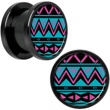 Load image into Gallery viewer, Pink Teal Tribal Print Black Anodized Screw Fit Plug Set 1/2