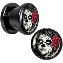 Load image into Gallery viewer, Katrina Sugar Skull Rose Flower Black Anodized Screw Fit Plug Set 00G