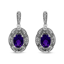 Load image into Gallery viewer, .925 Sterling Silver Diamond Accent and 8x6mm Purple Oval Amethyst Stud Earrings (I-J Color, I1-I2 Clarity)
