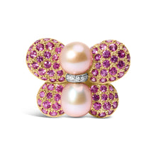 Load image into Gallery viewer, 18K Yellow and White Gold 9MM South Sea Pearl and Pink Sapphire Butterfly Pin Brooch with Diamond Accent (F-G Color, VS1-VS2 Clarity)
