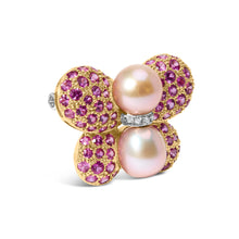 Load image into Gallery viewer, 18K Yellow and White Gold 9MM South Sea Pearl and Pink Sapphire Butterfly Pin Brooch with Diamond Accent (F-G Color, VS1-VS2 Clarity)
