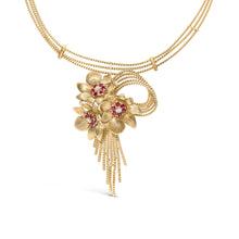 Load image into Gallery viewer, 18K Yellow Gold Diamond and Red Ruby Floral Cascade Statement Necklace with 16" Inch Bead Chain (F-G Color, VS1-VS2 Clarity)
