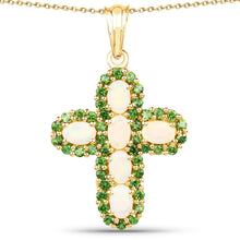 Load image into Gallery viewer, 14K Yellow Gold Plated 3.11 Carat Genuine Ethiopian Opal and Chrome Diopside .925 Sterling Silver Pendant
