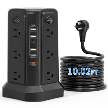Load image into Gallery viewer, Surge Protector Tower 1800J with 4 USB A Ports, USB C (PD18W) Port, 12 AC Outlets and 10FT Cord

