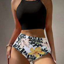 Load image into Gallery viewer, Island Bloom High Waist Bikini Set for Summer – Colorblock Tropical Print Two-Piece Swimsuit with Round Neckline Ultra-Stretch Fit &amp; Applique Detail – Stylish and Comfortable Women’s Swimwear for Pool Beach &amp; Summer Escapes
