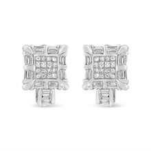 Load image into Gallery viewer, 14K White Gold 1.0 Cttw Princess and Baguette-Cut Diamond Square Framed Huggie Hoop Omega Earrings (H-I Color, SI1-SI2 Clarity)
