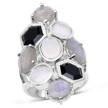 Load image into Gallery viewer, 10.30 Carat Genuine White Rainbow Moonstone, Labradorite And Black Onyx .925 Sterling Silver Ring
