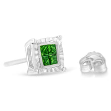 Load image into Gallery viewer, Sterling Silver Color Treated Princess Diamond Quad Stud Earring (1/2 cttw, Green Color, I1-I2 Clarity)
