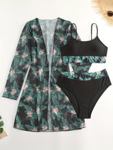 Load image into Gallery viewer, Bikini 3 Piece Tropical Print Swimsuit Set – High Stretch Comfortable Women's Bikini with Crew Neck Mesh Cover-Up – Chic Vacation Beachwear for Summer Casual Style &amp; Poolside Glamour
