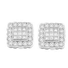 Load image into Gallery viewer, 14K White Gold 1.0 Cttw Round Brilliant &amp; Princess Cut Diamond Scallop-Edge Framed Square Halo Stud Earrings (G-H Color, SI1-SI2 Clarity)
