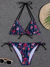 Load image into Gallery viewer, Sunset Bloom 2-Piece Triangle Bikini Set for Women – Vibrant Random Floral Print Halter Neck Swimsuit with Tie-Back Tie-Side Bottoms &amp; High Cut Legs – Women's High-Stretch Swimwear for Summer Beach Escapes
