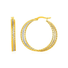 Load image into Gallery viewer, Three Part Textured Hoop Earrings in 14k Yellow and White Gold
