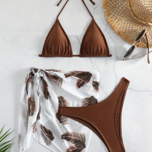 Load image into Gallery viewer, Feather Luxe 3-Piece Bikini Set – Exotic Feather Print Halter Neck Backless Swimsuit with High Cut Tie Back Bottoms and Wrap Cover-Up – Women’s High-Stretch Comfortable Swimwear for Summer Beach &amp; Pool Vacations
