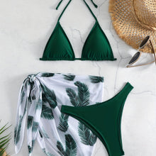 Load image into Gallery viewer, Feather Luxe 3-Piece Bikini Set – Exotic Feather Print Halter Neck Backless Swimsuit with High Cut Tie Back Bottoms and Wrap Cover-Up – Women’s High-Stretch Comfortable Swimwear for Summer Beach &amp; Pool Vacations
