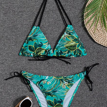 Load image into Gallery viewer, Sunset Bloom 2-Piece Triangle Bikini Set for Women – Vibrant Random Floral Print Halter Neck Swimsuit with Tie-Back Tie-Side Bottoms &amp; High Cut Legs – Women's High-Stretch Swimwear for Summer Beach Escapes
