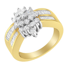 Load image into Gallery viewer, 10K Yellow Gold 1.0 Cttw Round &amp; Baguette Cut Diamond Floral Cluster Double-Channel Flared Band Statement Ring (H-I Color, SI2-I1 Clarity) - Size 6-1/2
