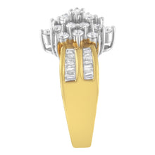 Load image into Gallery viewer, 10K Yellow Gold 1.0 Cttw Round &amp; Baguette Cut Diamond Floral Cluster Double-Channel Flared Band Statement Ring (H-I Color, SI2-I1 Clarity) - Size 6-1/2
