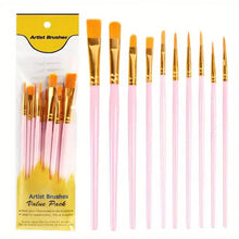 Load image into Gallery viewer, 10-Pieces: Artist Paintbrush Nylon Round Pointed Flat Head Set
