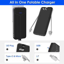 Load image into Gallery viewer, 10000mAh Power Bank Portable Charger with US Plug 2 Built-in Cables External Battery Pack
