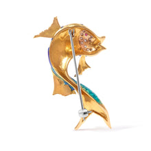 Load image into Gallery viewer, 18K Yellow Gold and Blue Enamel Diamond and Pink Sapphire Fish Brooch Pin (H-I Color, VS2-SI1 Clarity)
