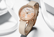 Load image into Gallery viewer, Womens Elegant Waterproof Clock With Decoupage Flower Details In Variant With Leather And Stainless Steel Knitted Belts
