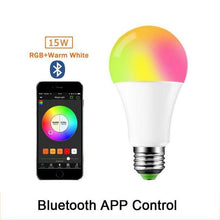 Load image into Gallery viewer, 110V 220V Bluetooth E27 RGBW LED Bulb Lights 5W 10W 15W RGB Lampada Changeable Colorful RGBWW LED Lamp With Remote+Memory Mode  Smart Light Bulbs, RGBCW Color Changing Light Bulb Dimmable, 7W A19 led Bulb 60W Equivalent, Smart Bulbs That Work
