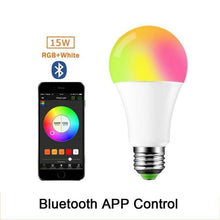 Load image into Gallery viewer, 110V 220V Bluetooth E27 RGBW LED Bulb Lights 5W 10W 15W RGB Lampada Changeable Colorful RGBWW LED Lamp With Remote+Memory Mode  Smart Light Bulbs, RGBCW Color Changing Light Bulb Dimmable, 7W A19 led Bulb 60W Equivalent, Smart Bulbs That Work
