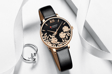 Load image into Gallery viewer, Womens Elegant Waterproof Clock With Decoupage Flower Details In Variant With Leather And Stainless Steel Knitted Belts
