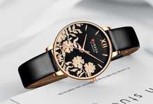 Load image into Gallery viewer, Womens Elegant Waterproof Clock With Decoupage Flower Details In Variant With Leather And Stainless Steel Knitted Belts
