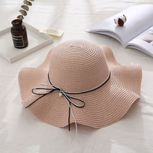 Load image into Gallery viewer, Summer Cap Black Ribbon Decorate Wavy Straw Hat For Girls Hat Kids Sun Cap Baby Beach Hats for Girls
