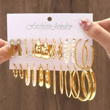 Load image into Gallery viewer, 12-Pairs: Gold Hoop Earrings with Faux Pearl Decor Set
