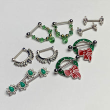 Load image into Gallery viewer, 14G 9/16 Green Faux Opal Lotus Flower Barbell Nipple Ring Set
