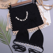 Load image into Gallery viewer, Bikini Set Woman Crochet Shell Tassel Bikini Top And Seashell Beach Skirt Lace See Through Bikini Women Beach Summer 2 Piece Outfits Crochet Mesh Bikini Top and Skirt Set
